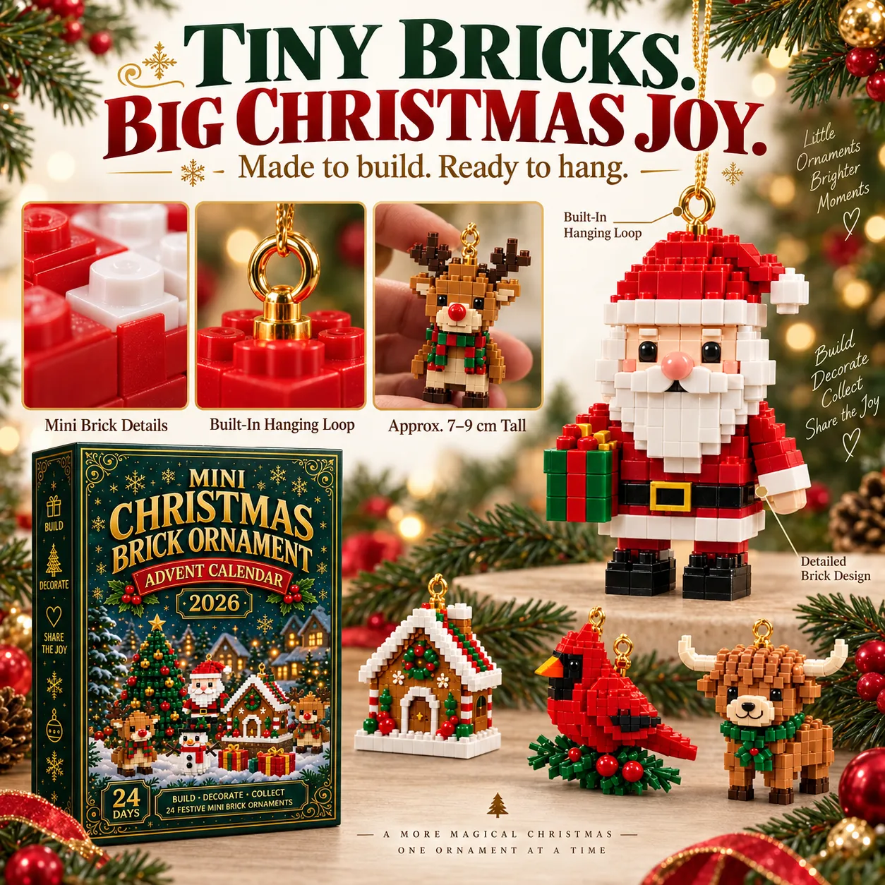 ⏳ Last Day 70% OFF – 🎄24-Day Mini Christmas Brick Ornament Advent Calendar | 24 Unique Buildable Holiday Designs with Hanging Loops for Trees, Garlands & Festive Displays 🧱
