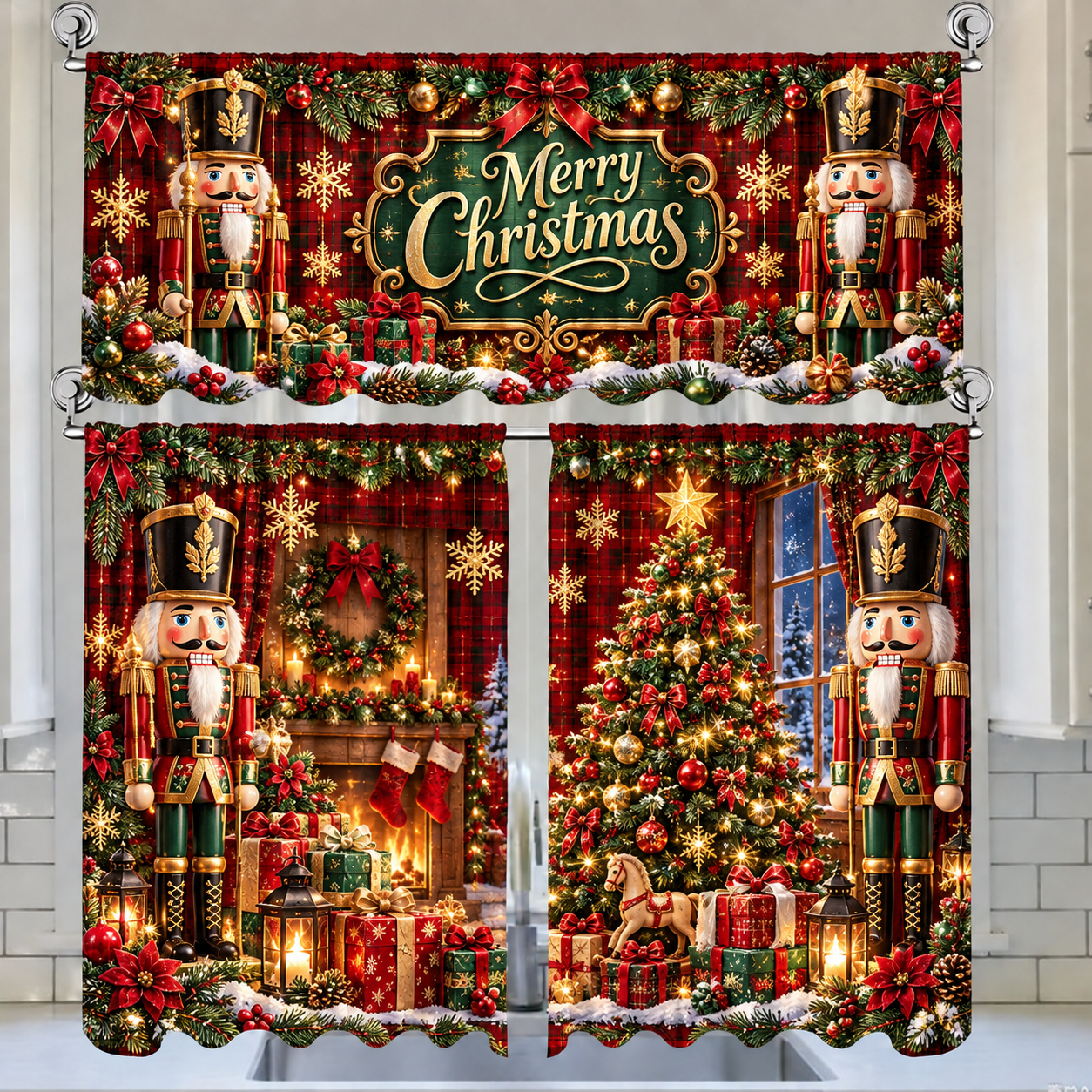 🎄3-Piece Christmas Kitchen Curtain Set | Water-Resistant Valance & Tier Curtains🏡