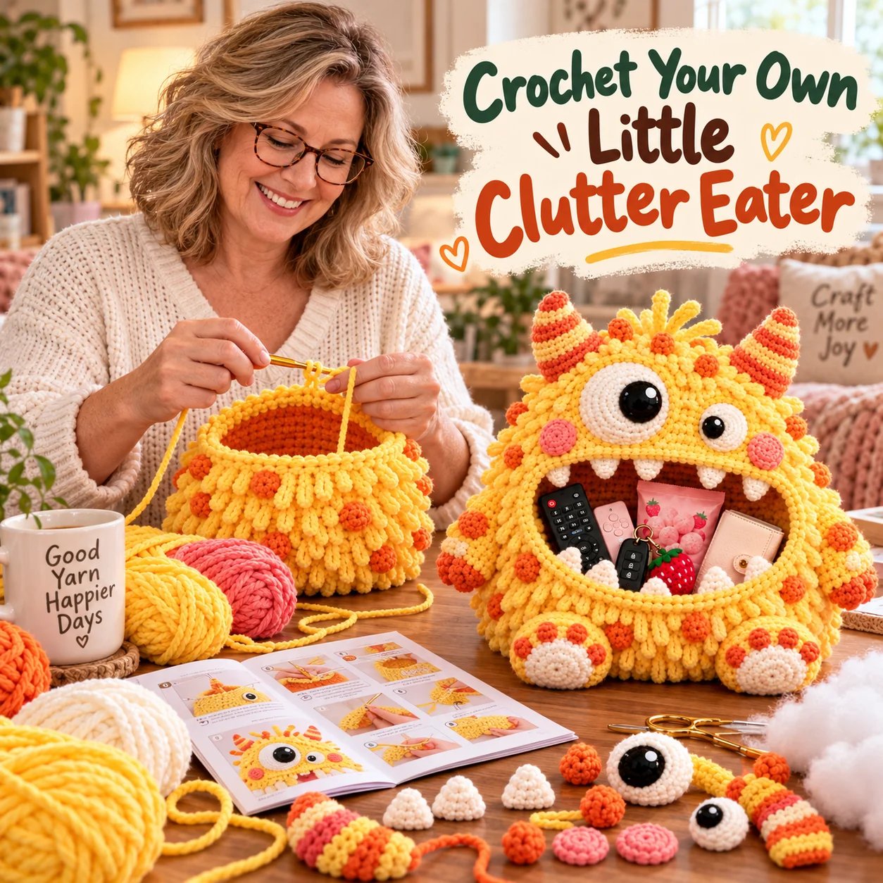 Woman crocheting yellow monster organizer