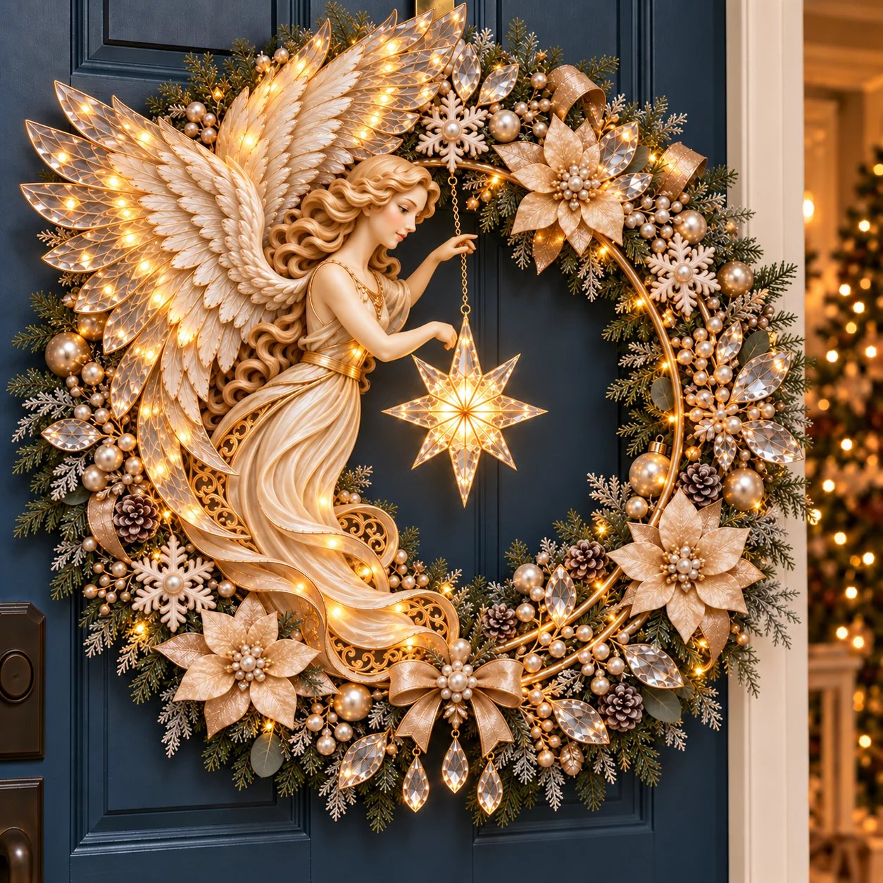 Detailed angel Christmas wreath with illuminated wings and star