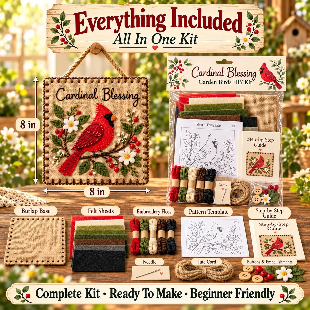 Size and kit contents graphic showing fabric base, felt, threads, pattern, guide, needle, cord and embellishments