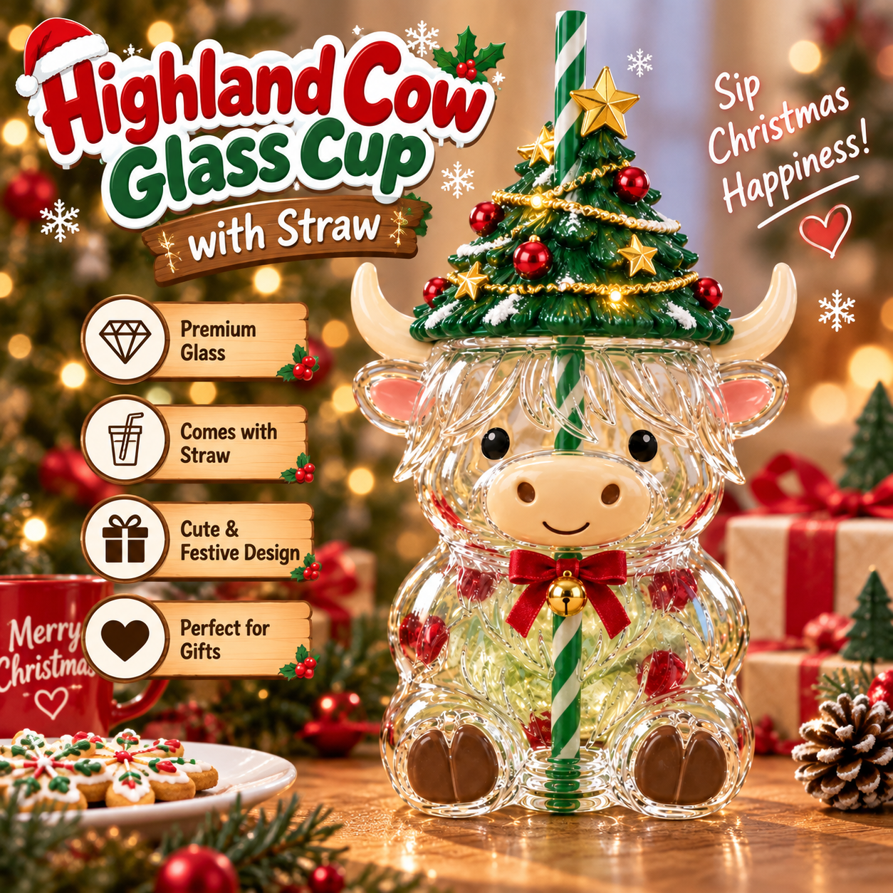 ❤️ Highland Cow Christmas Glass Cup with Straw – Cute Holiday Tumbler Gift