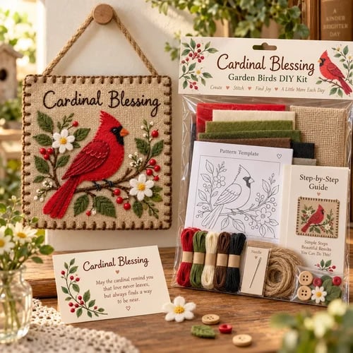 Cardinal Blessing kit beside its completed fabric bird hanging