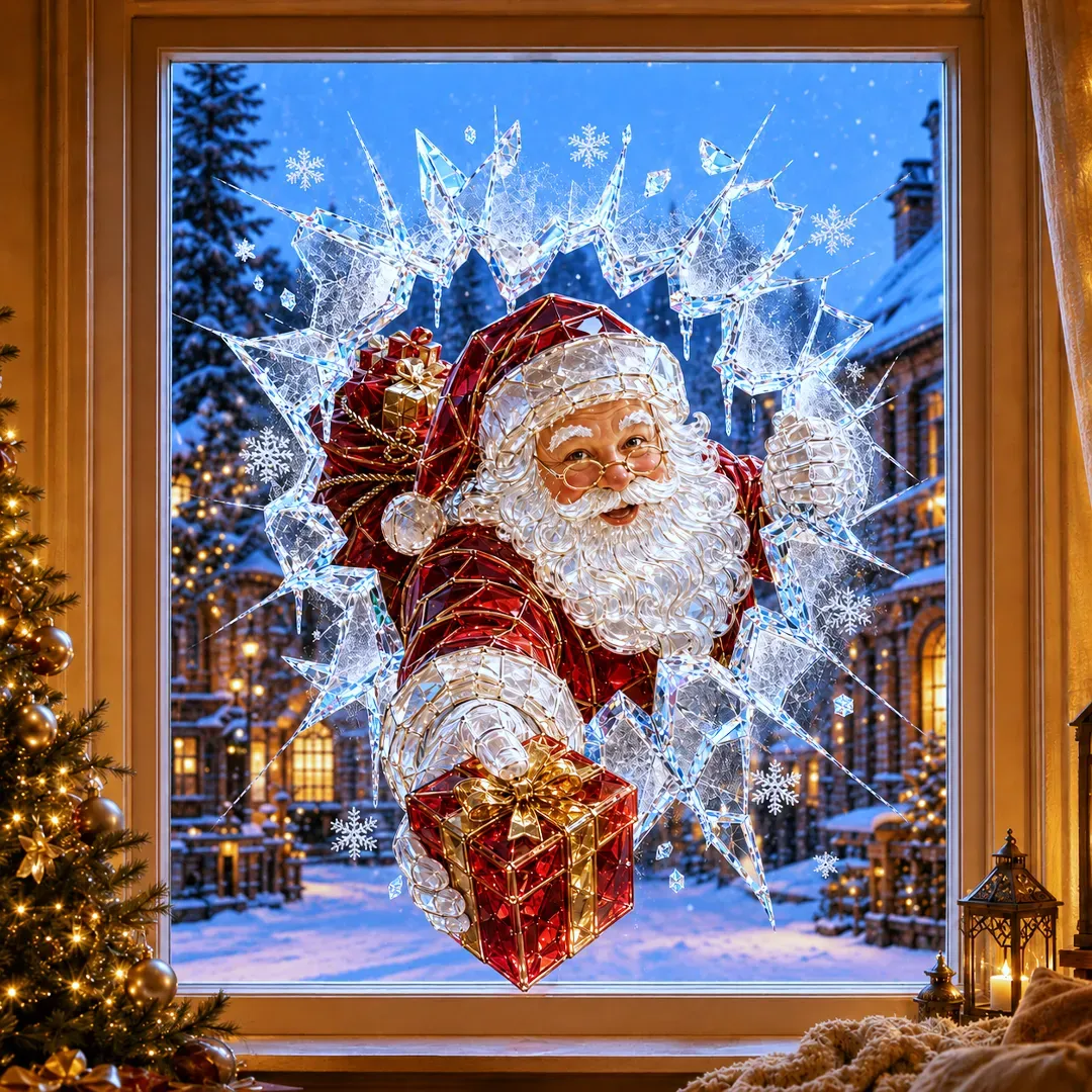 🔥Last Day 49% OFF -🎄Crystal Christmas Break-In Window Decal | 3D Shattered Glass Illusion with Sparkling Holiday Characters for Magical Window Decorations ✨🎅