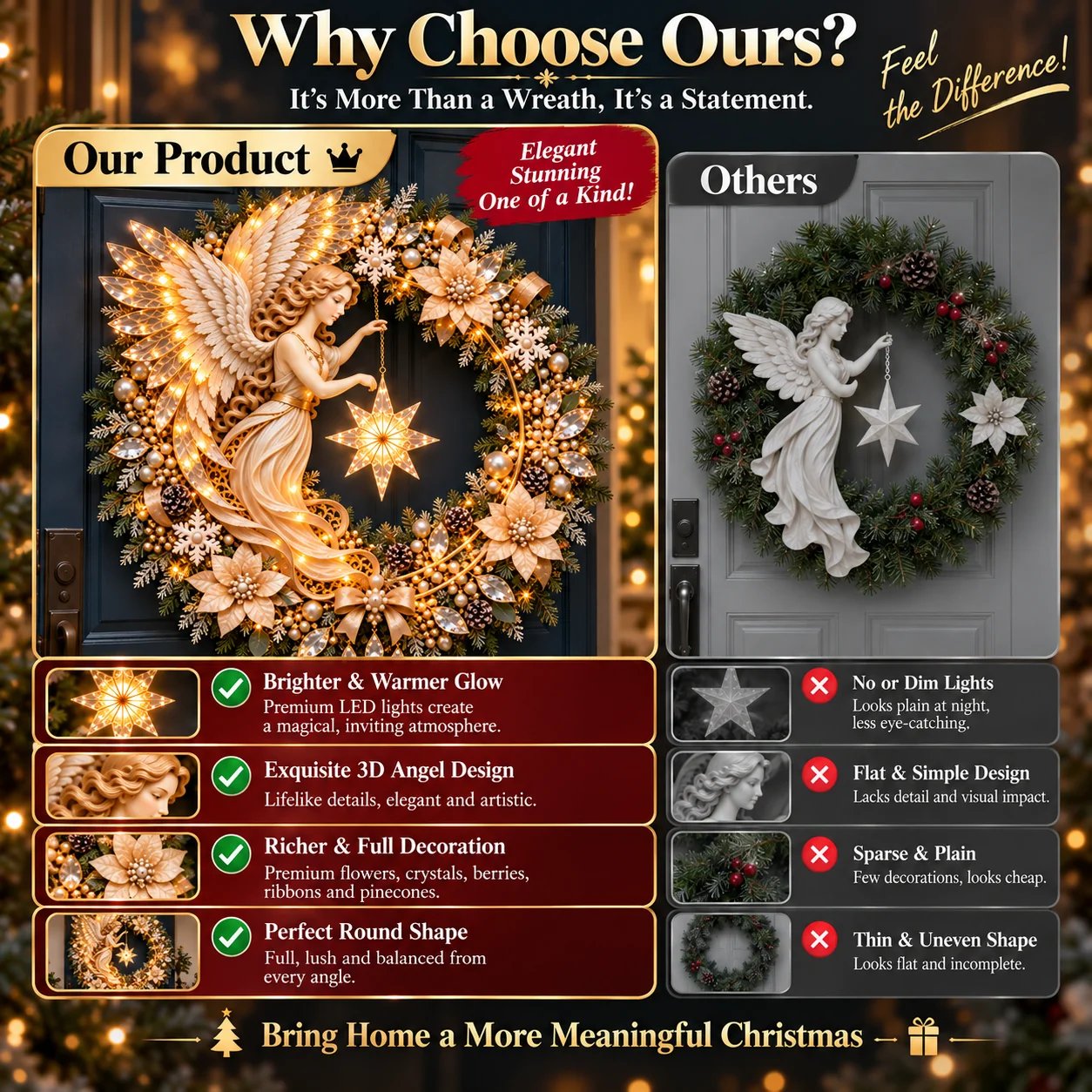 Comparison between decorative lighted angel wreath and a simpler Christmas wreath
