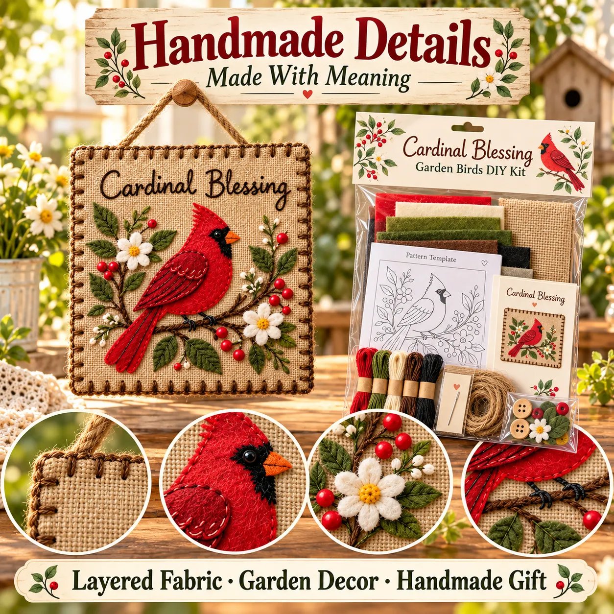 Close-ups of layered cardinal, flowers, berries, stitched border and hanging cord