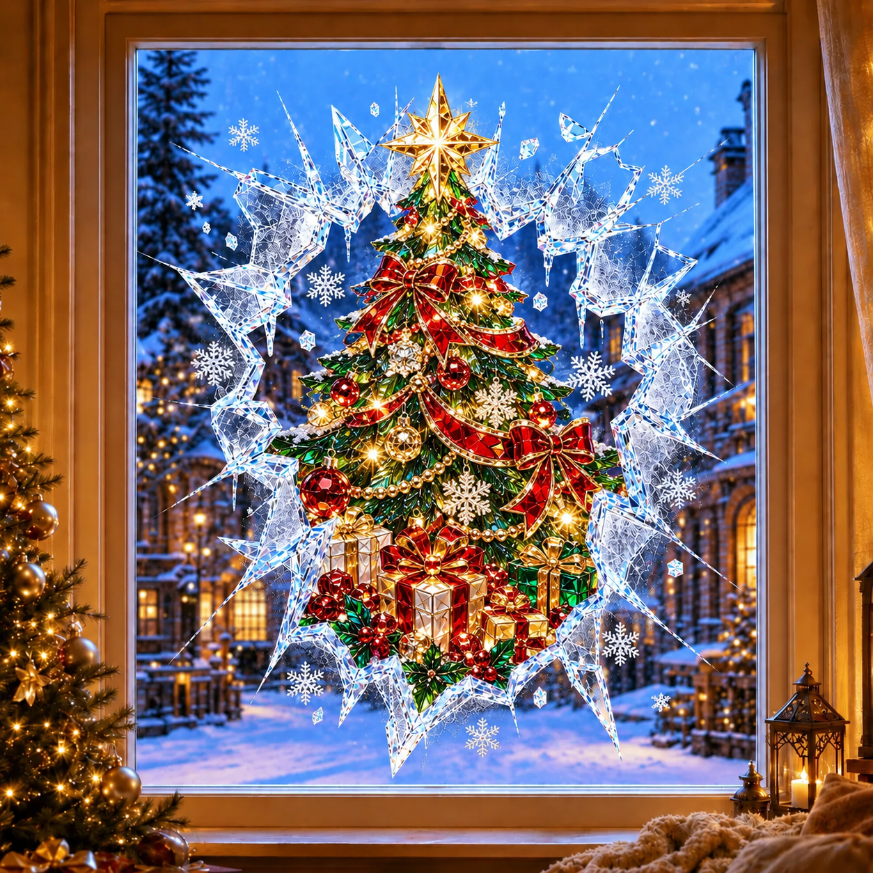 🔥Last Day 70% OFF -🎄Crystal Christmas Break-In Window Decal | 3D Shattered Glass Illusion with Sparkling Holiday Characters for Magical Window Decorations ✨🎅