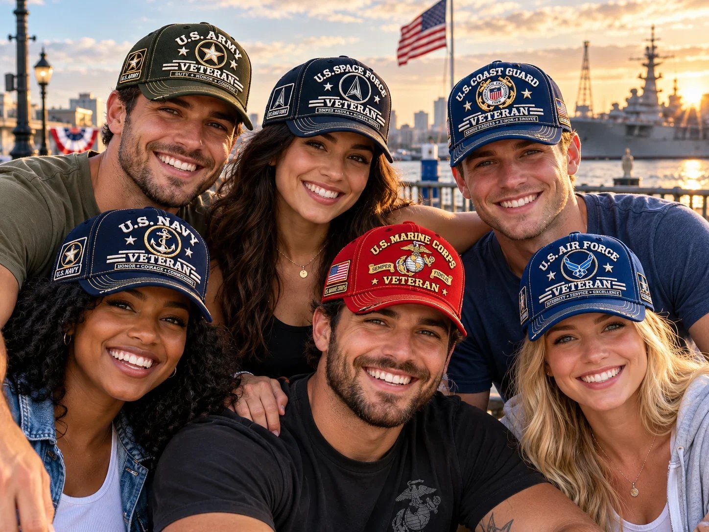 Veteran cap collection worn by a group of people