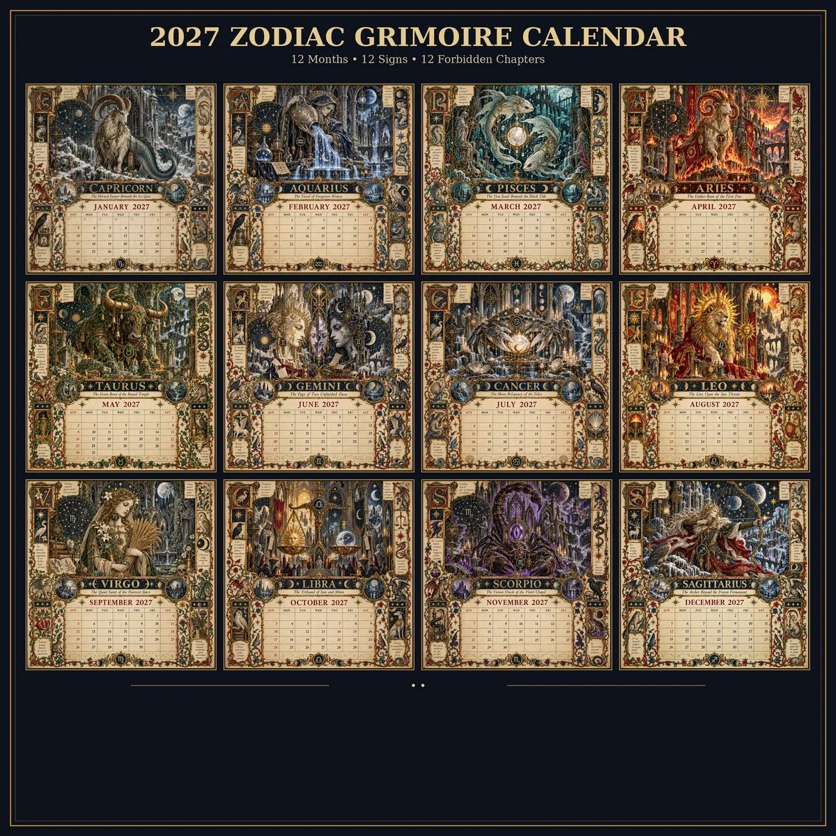 Complete twelve month 2027 Zodiac Grimoire collection