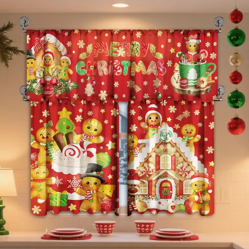 🎄3-Piece Christmas Kitchen Curtain Set | Water-Resistant Valance & Tier Curtains🏡