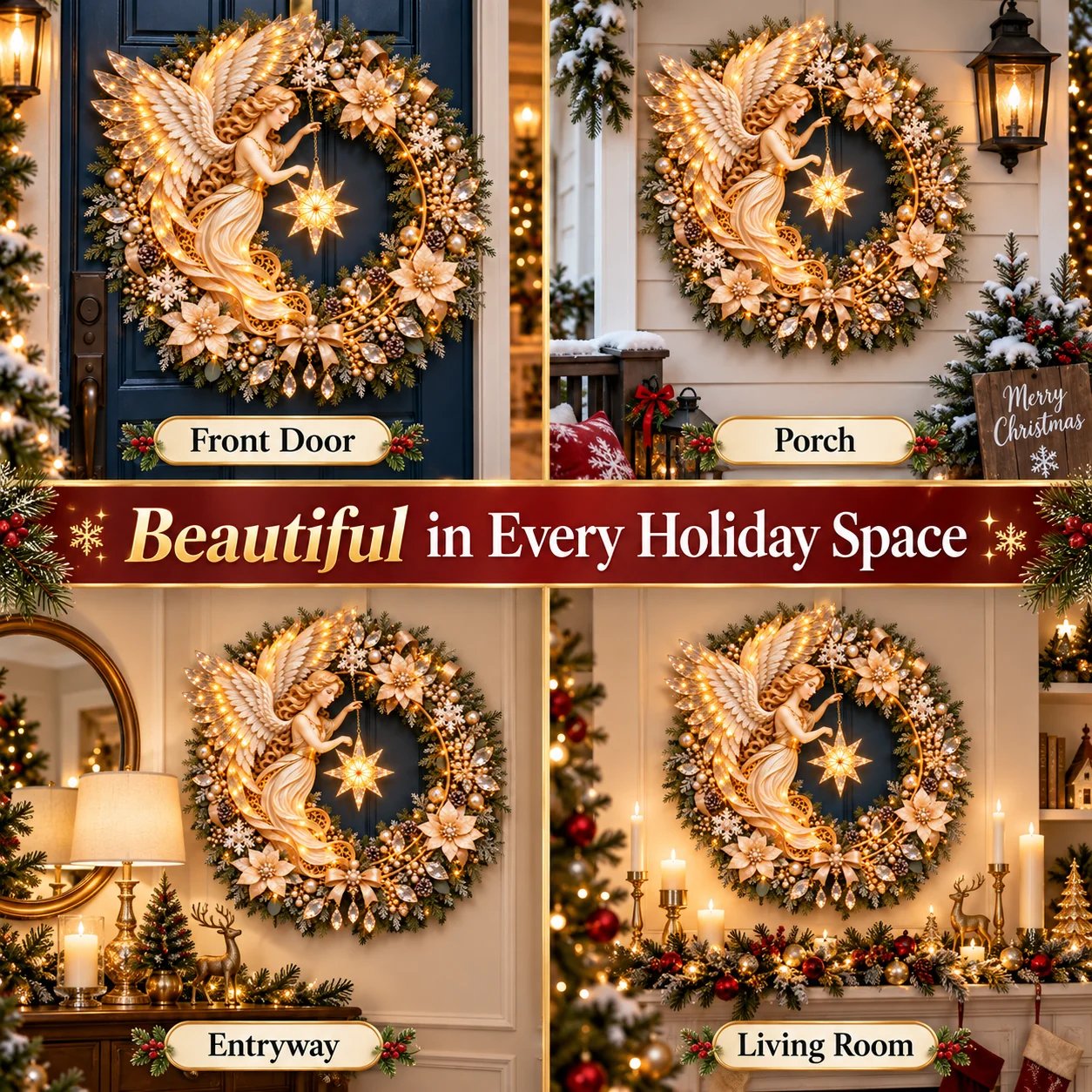 Close-up details of angel wings, glowing star and Christmas decorations