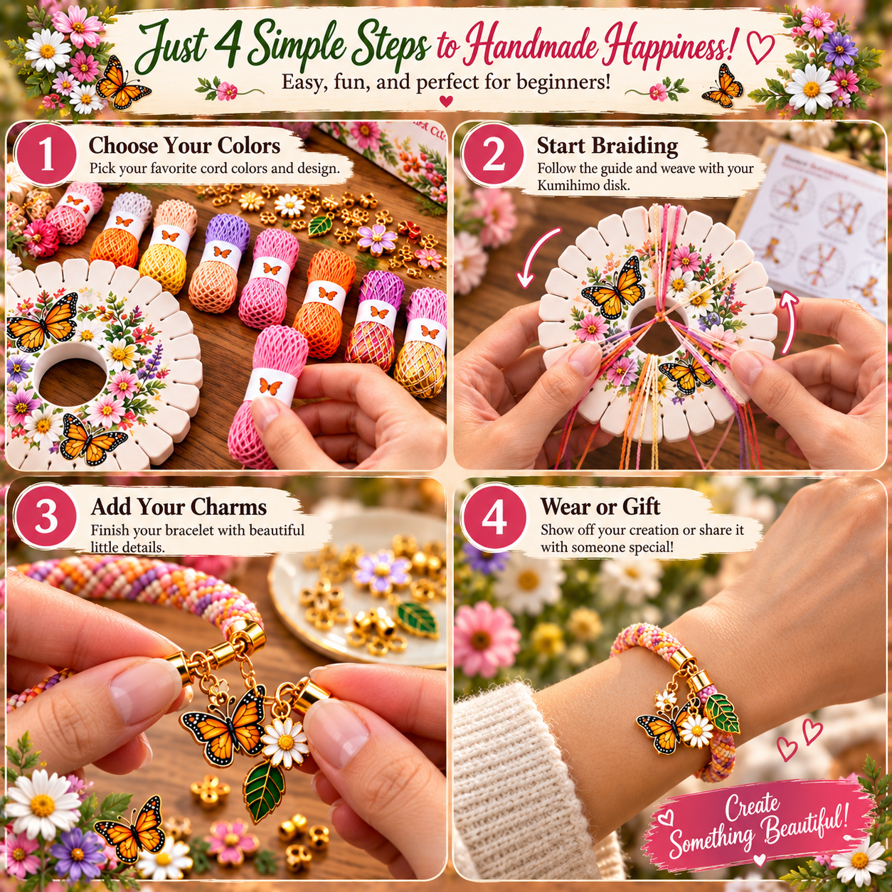 Four simple steps to make a DIY Kumihimo braided bracelet