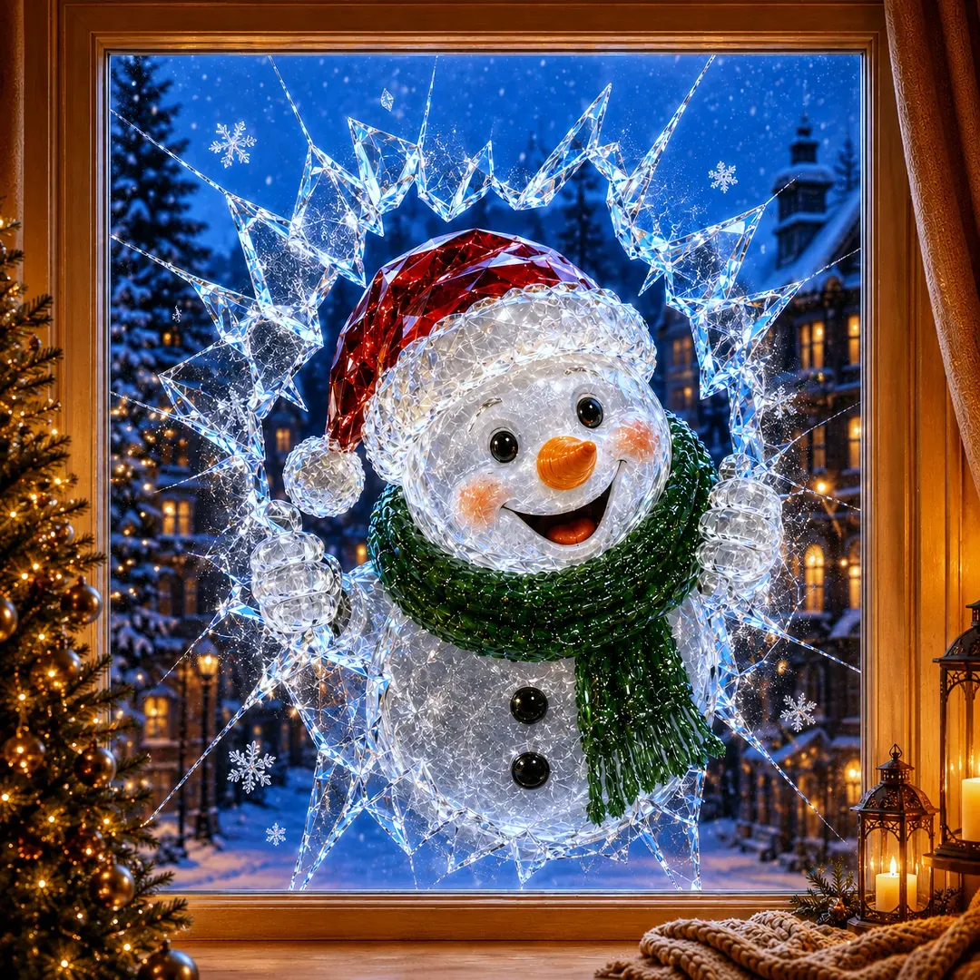 🔥Last Day 49% OFF -🎄Crystal Christmas Break-In Window Decal | 3D Shattered Glass Illusion with Sparkling Holiday Characters for Magical Window Decorations ✨🎅