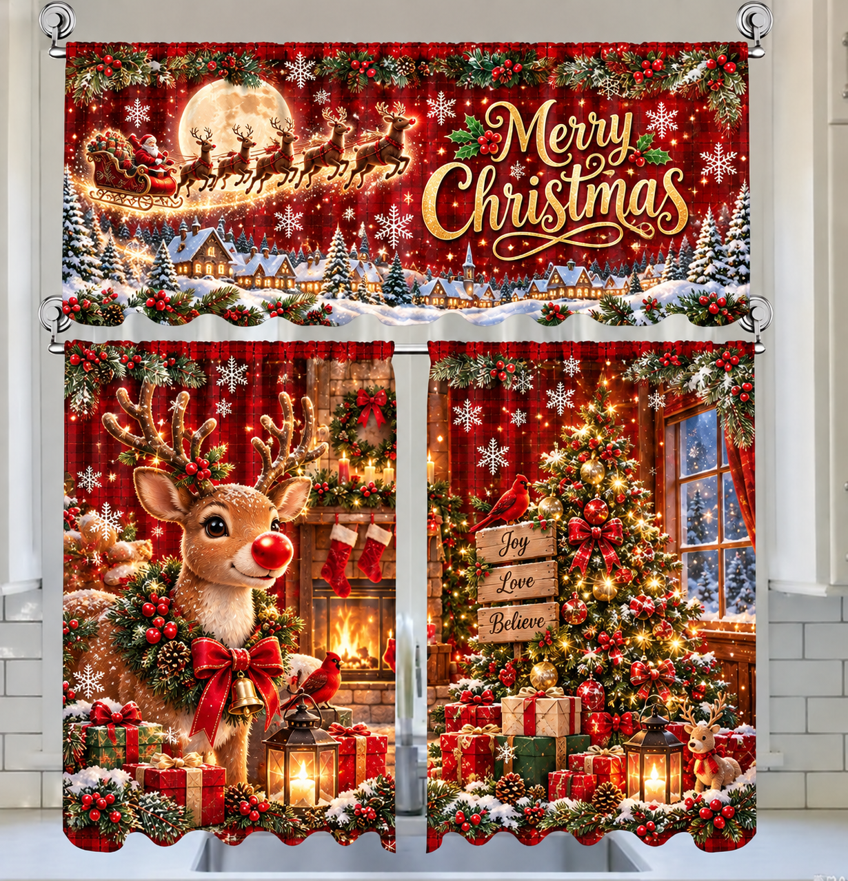 🎄3-Piece Christmas Kitchen Curtain Set | Water-Resistant Valance & Tier Curtains🏡