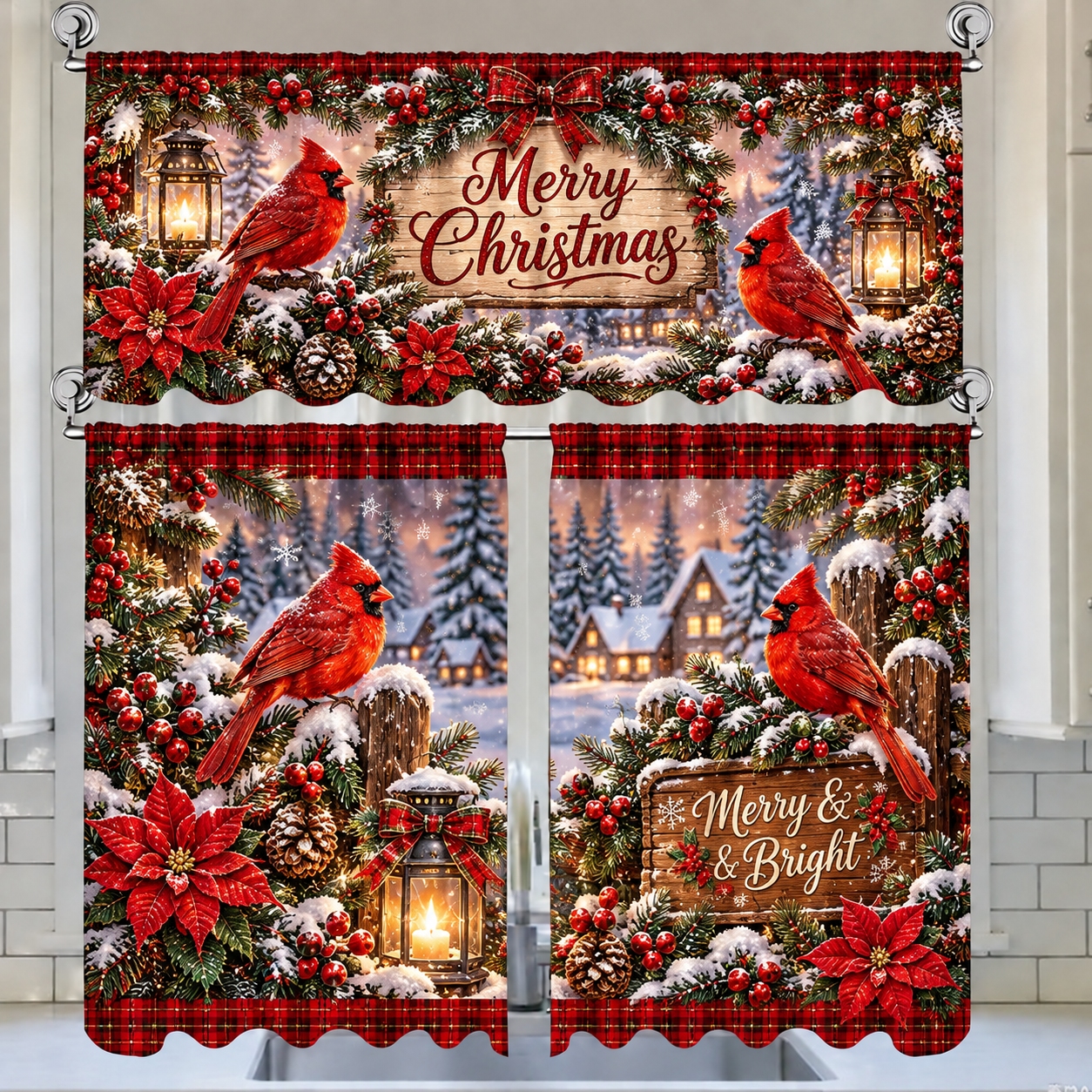🎄3-Piece Christmas Kitchen Curtain Set | Water-Resistant Valance & Tier Curtains🏡