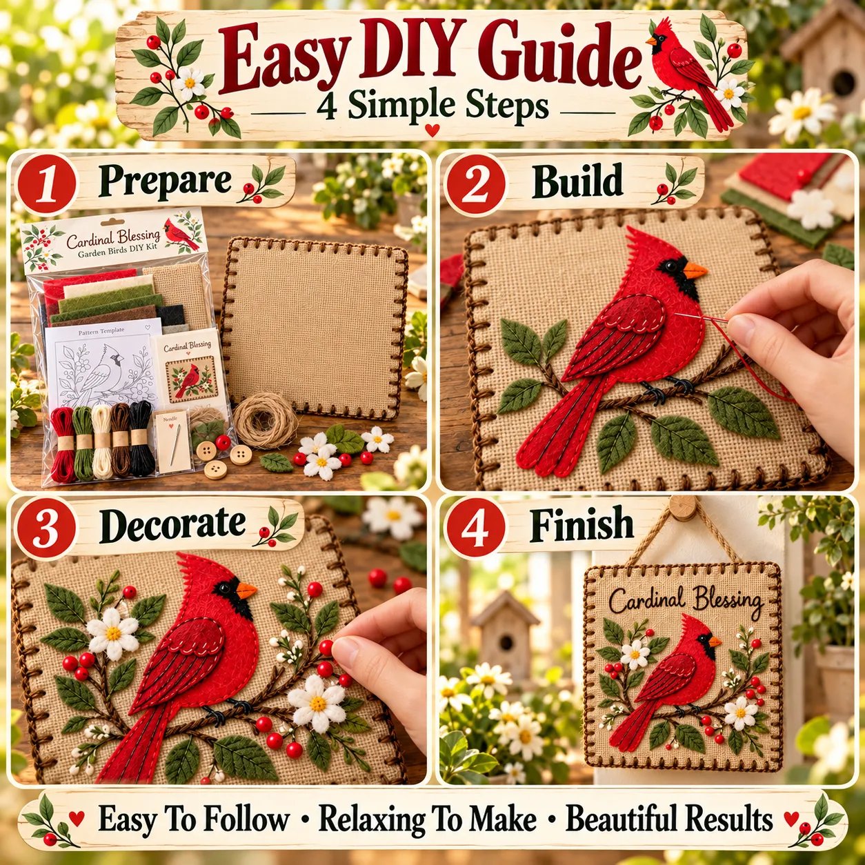 Four illustrated steps from preparing the kit to finishing the cardinal artwork