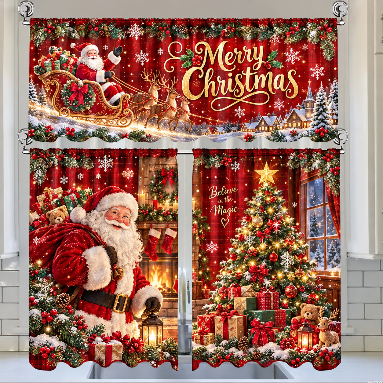 🎄3-Piece Christmas Kitchen Curtain Set | Water-Resistant Valance & Tier Curtains🏡