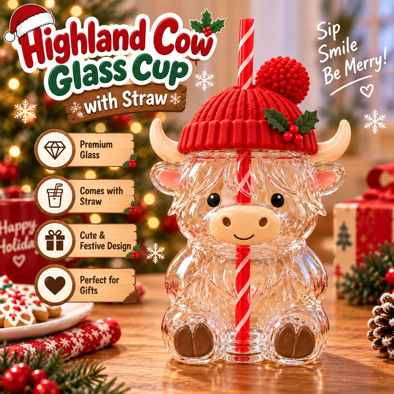 ❤️ Highland Cow Christmas Glass Cup with Straw – Cute Holiday Tumbler Gift