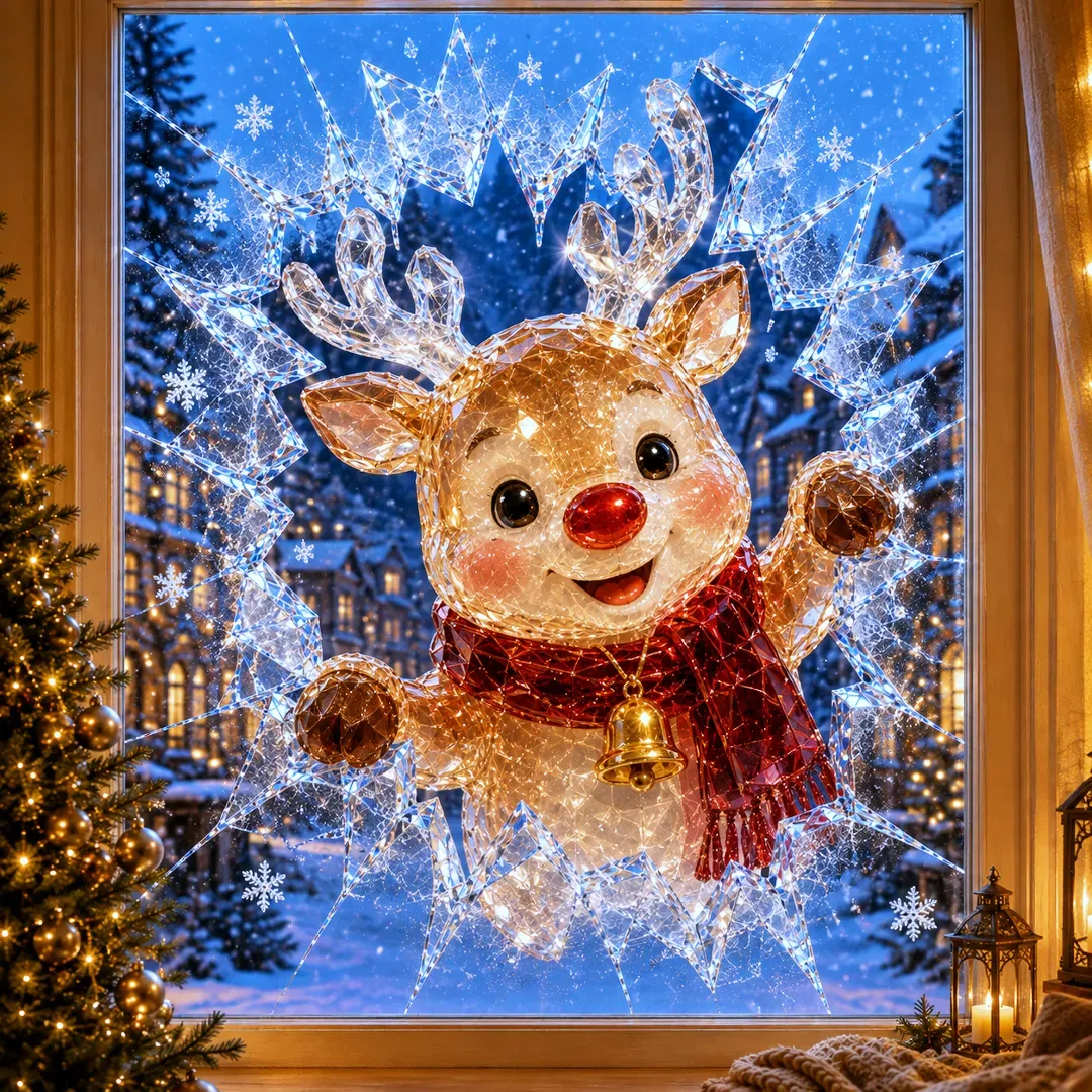 🔥Last Day 49% OFF -🎄Crystal Christmas Break-In Window Decal | 3D Shattered Glass Illusion with Sparkling Holiday Characters for Magical Window Decorations ✨🎅