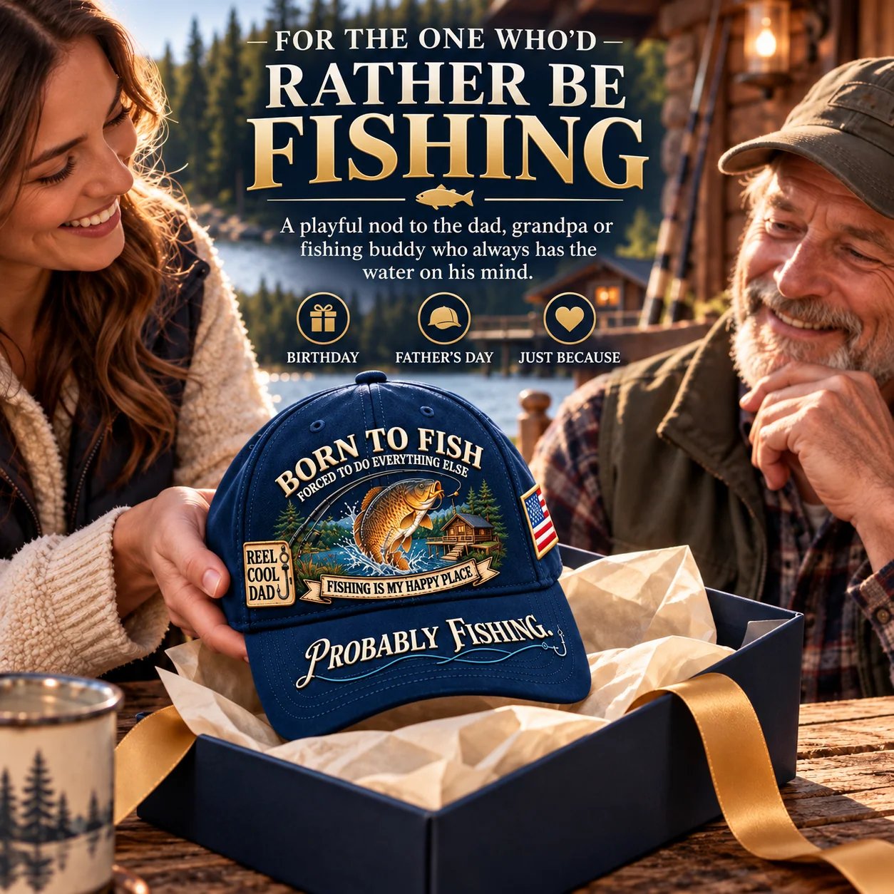 🔥 LAST DAY 70% OFF -🎣 Born To Fish “Probably Fishing” USA Angler Tribute Cap  | Cotton-Poly Blend • Detailed Embroidery • Adjustable Fit