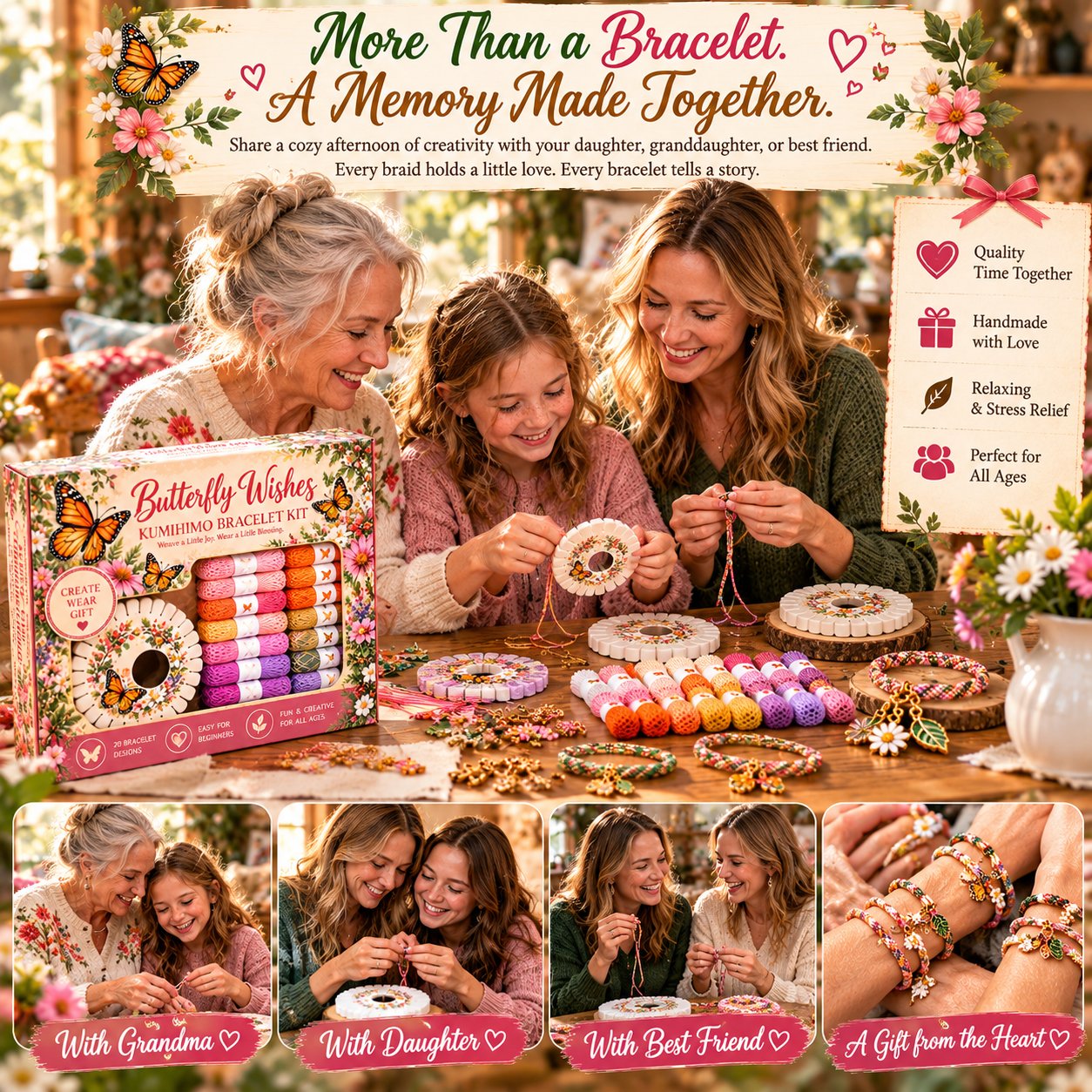 Grandmother mother and daughter making DIY bracelets together at home