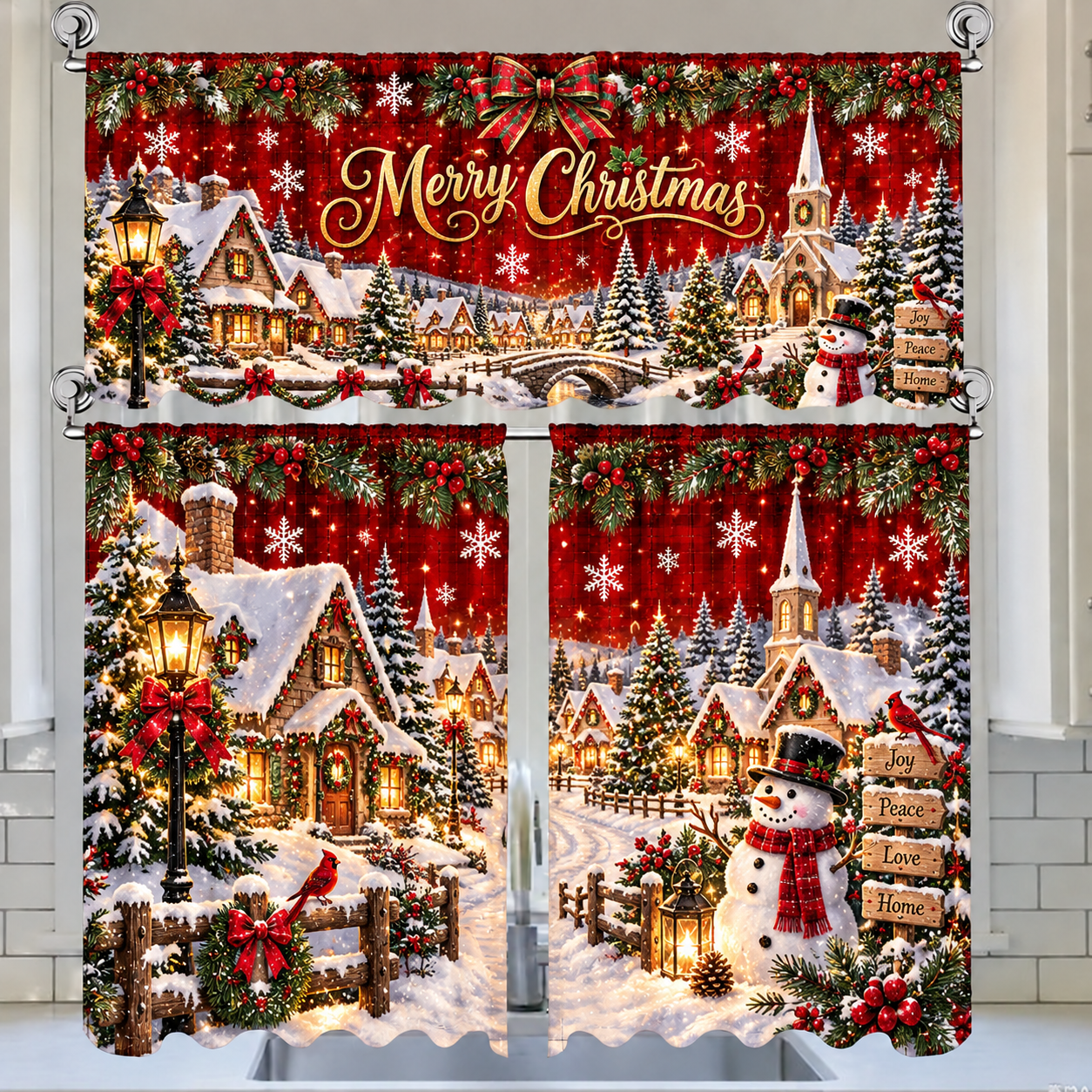 🎄3-Piece Christmas Kitchen Curtain Set | Water-Resistant Valance & Tier Curtains🏡