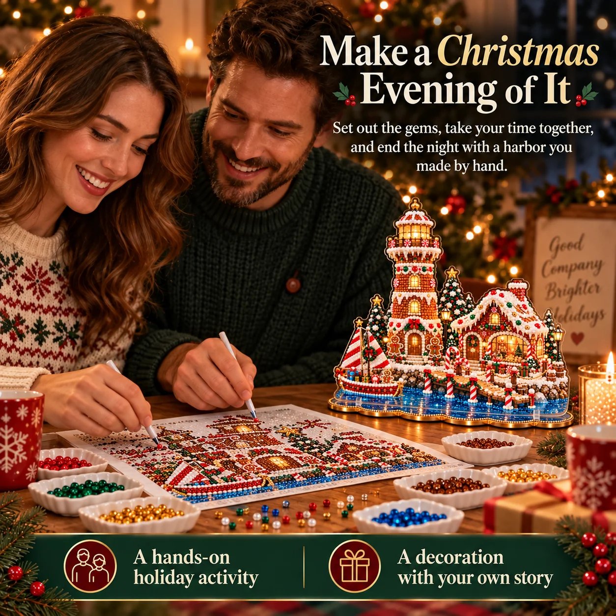 Two adults making a Christmas lighthouse diamond art scene together