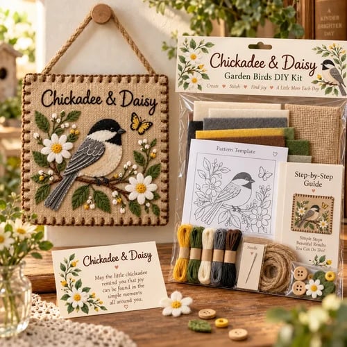 Chickadee and Daisy kit with black and white bird and flowers