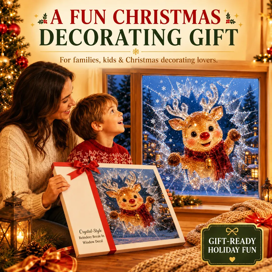 🔥Last Day 49% OFF -🎄Crystal Christmas Break-In Window Decal | 3D Shattered Glass Illusion with Sparkling Holiday Characters for Magical Window Decorations ✨🎅