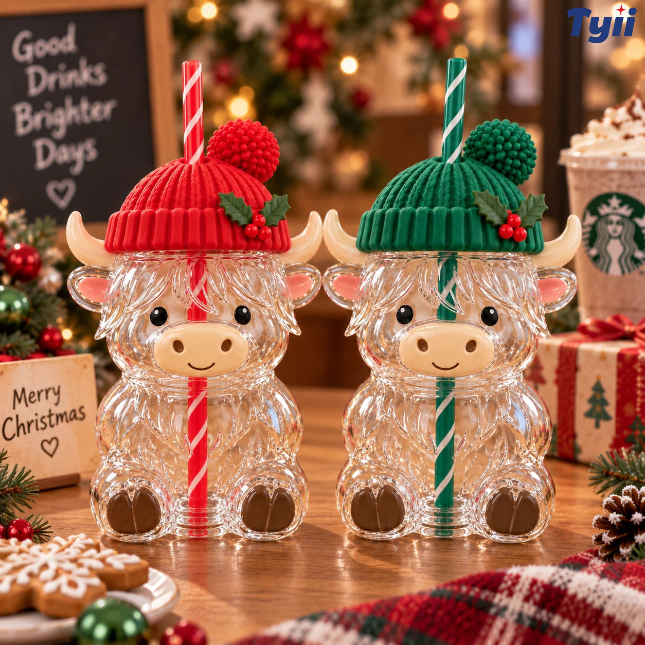 ❤️TYIIPLU Highland Cow Christmas Glass Cup with Straw – Cute Holiday Tumbler Gift