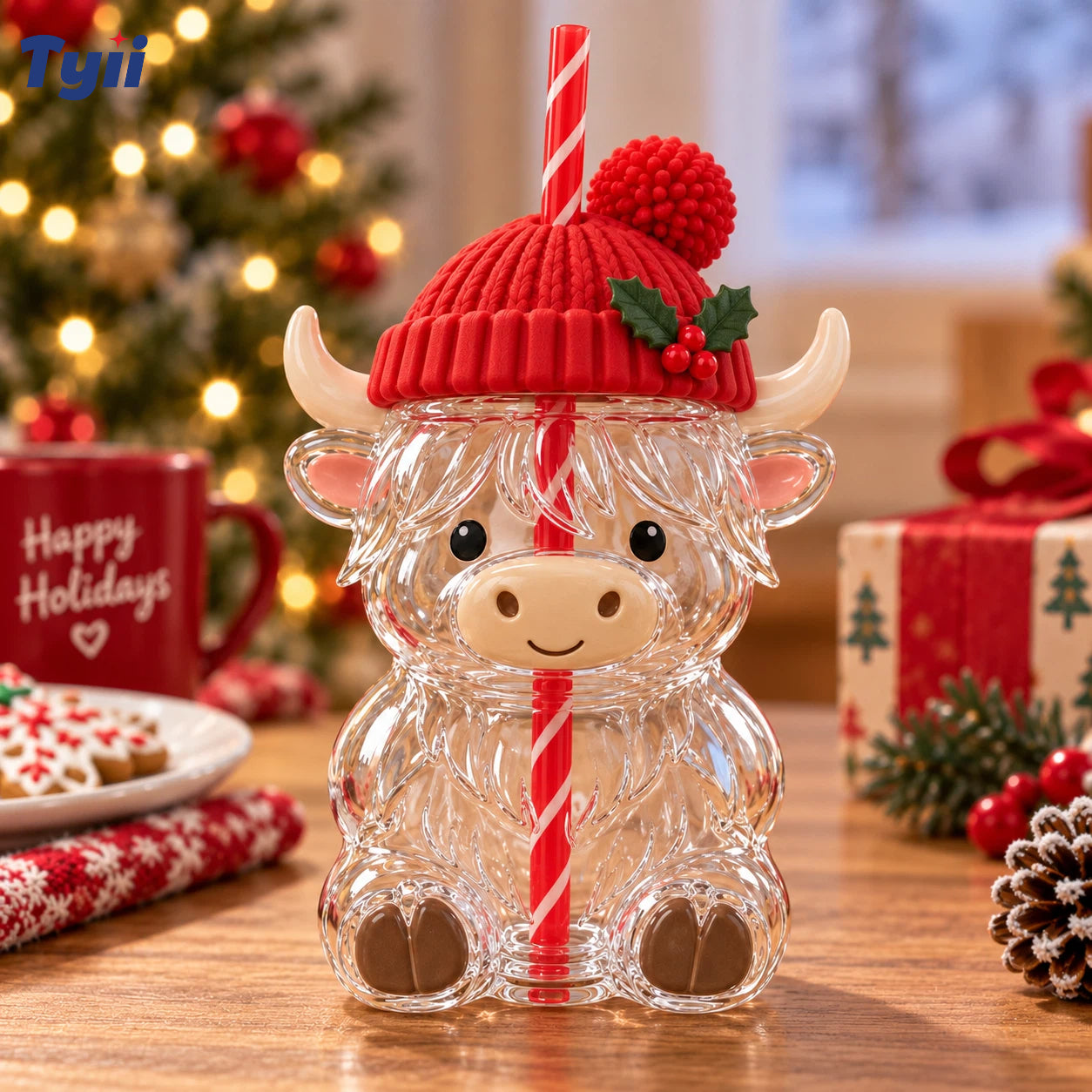 ❤️TYIIPLU Highland Cow Christmas Glass Cup with Straw – Cute Holiday Tumbler Gift