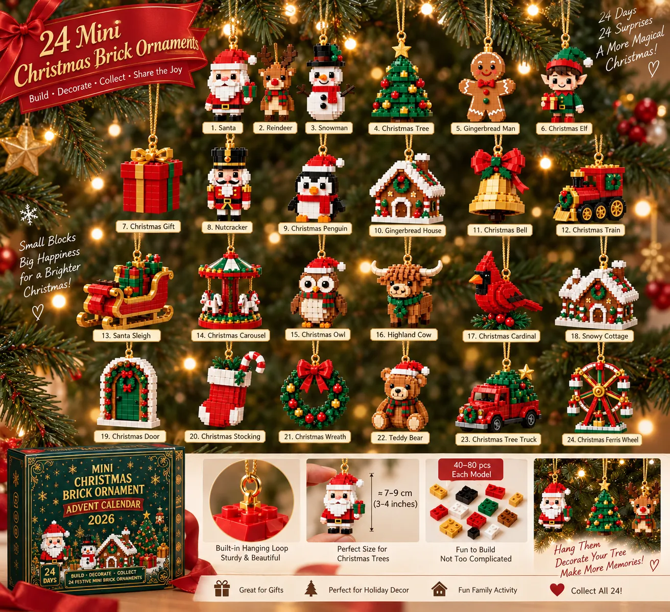 ⏳ Last Day 70% OFF – 🎄24-Day Mini Christmas Brick Ornament Advent Calendar | 24 Unique Buildable Holiday Designs with Hanging Loops for Trees, Garlands & Festive Displays 🧱