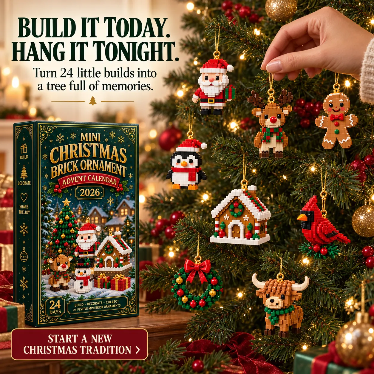 ⏳ Last Day 70% OFF – 🎄24-Day Mini Christmas Brick Ornament Advent Calendar | 24 Unique Buildable Holiday Designs with Hanging Loops for Trees, Garlands & Festive Displays 🧱