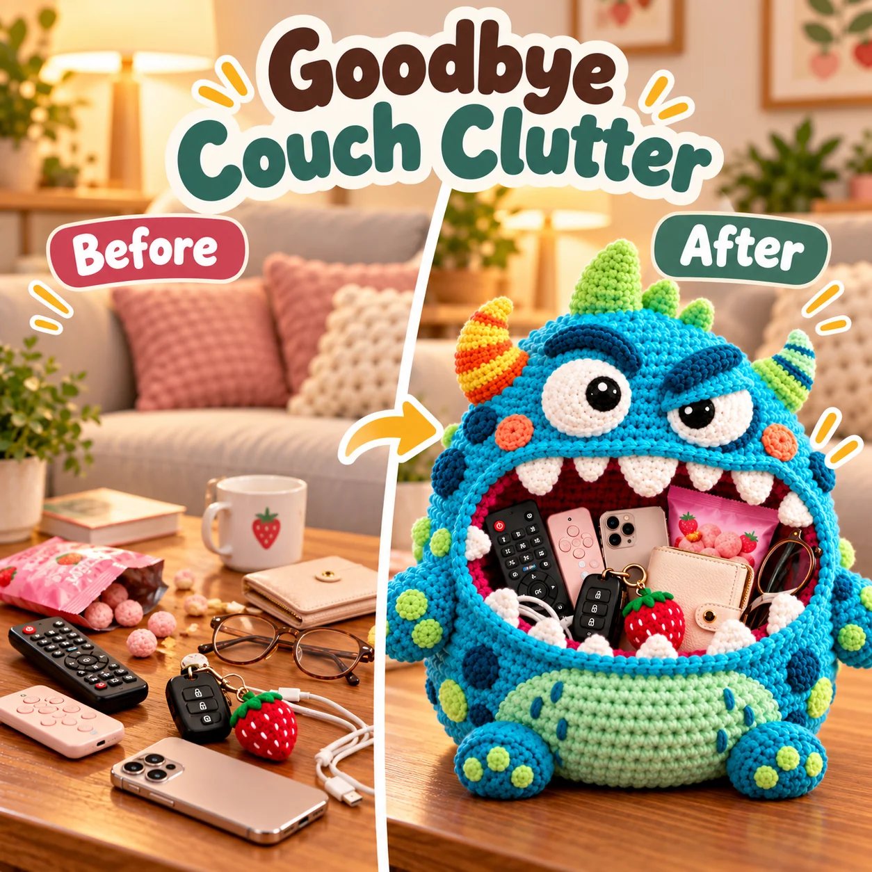 Before and after couch clutter with monster organizer