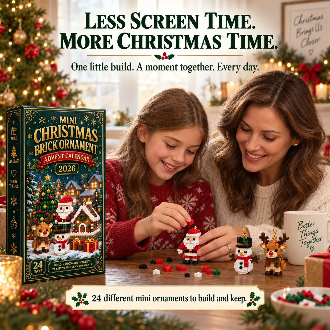 ⏳ Last Day 70% OFF – 🎄24-Day Mini Christmas Brick Ornament Advent Calendar | 24 Unique Buildable Holiday Designs with Hanging Loops for Trees, Garlands & Festive Displays 🧱