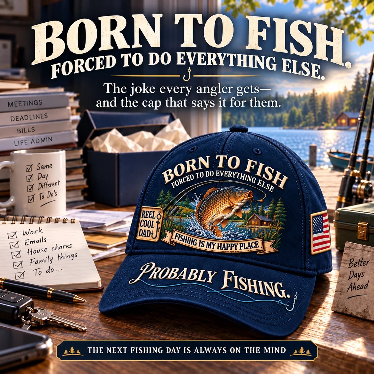 🔥 LAST DAY 70% OFF -🎣 Born To Fish “Probably Fishing” USA Angler Tribute Cap  | Cotton-Poly Blend • Detailed Embroidery • Adjustable Fit