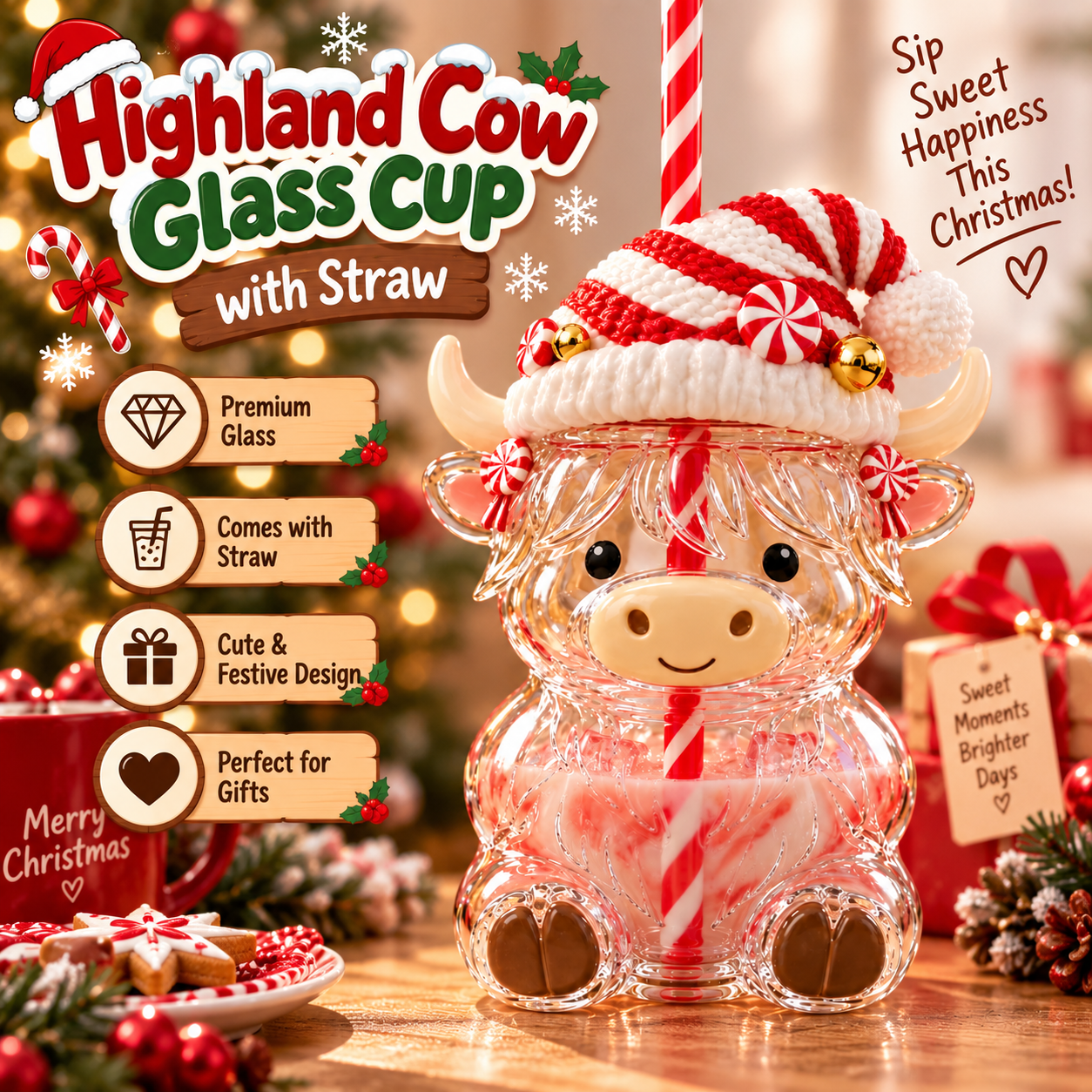 ❤️ Highland Cow Christmas Glass Cup with Straw – Cute Holiday Tumbler Gift