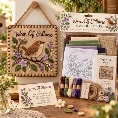 Wren Of Stillness kit with brown bird and purple flowers