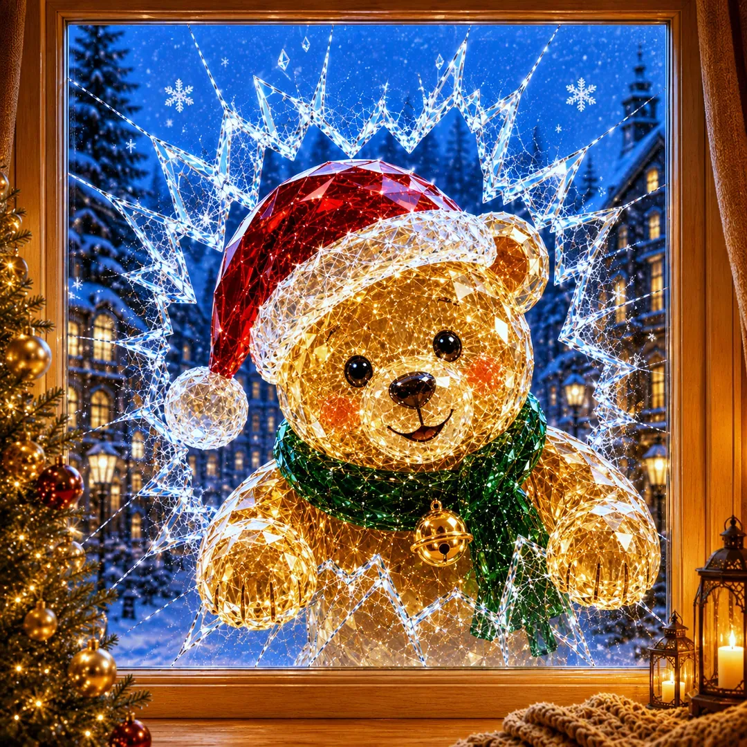🔥Last Day 49% OFF -🎄Crystal Christmas Break-In Window Decal | 3D Shattered Glass Illusion with Sparkling Holiday Characters for Magical Window Decorations ✨🎅