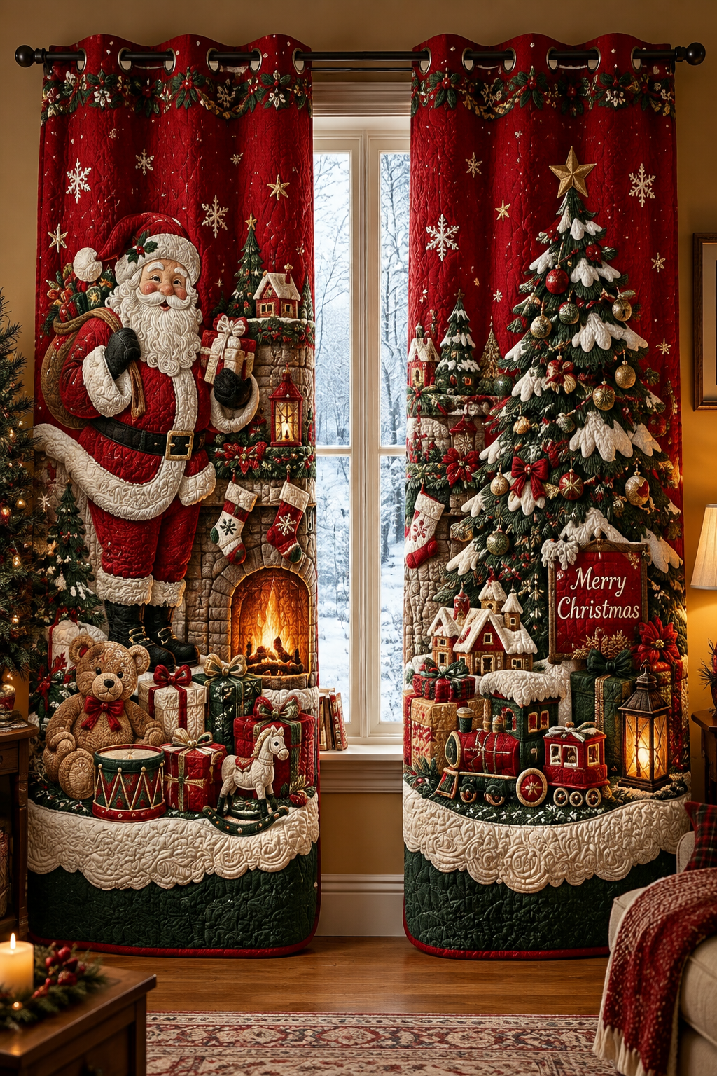 Christmas Snowman Train Quilted Curtains (2 Panels)