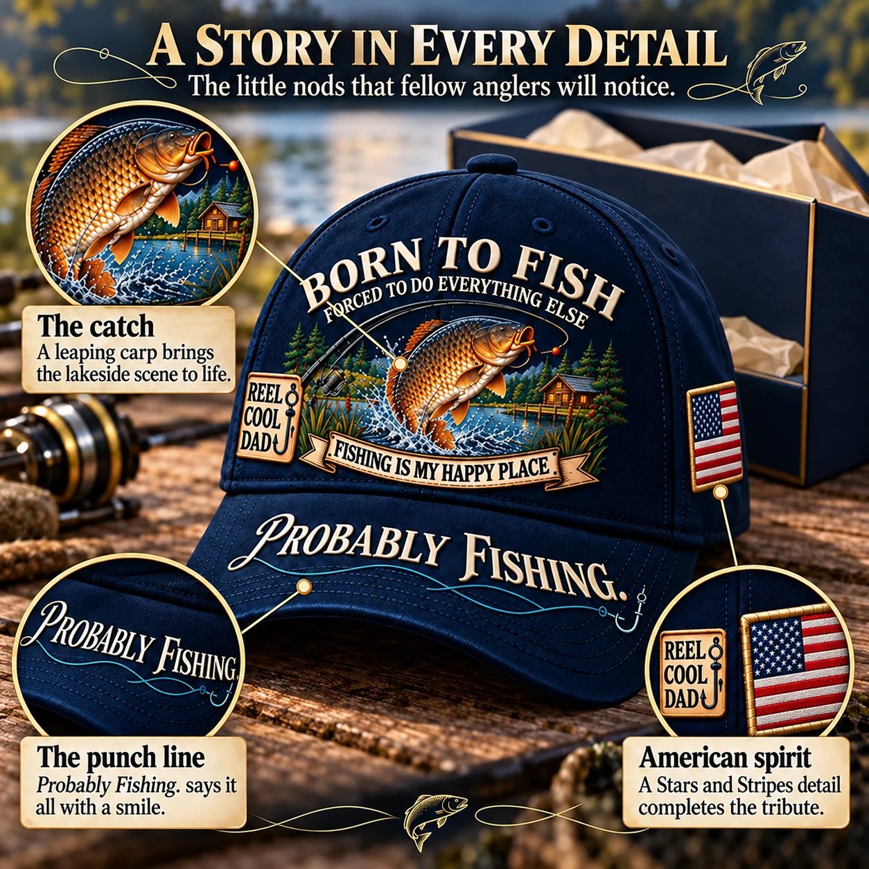 🔥 LAST DAY 70% OFF -🎣 Born To Fish “Probably Fishing” USA Angler Tribute Cap  | Cotton-Poly Blend • Detailed Embroidery • Adjustable Fit