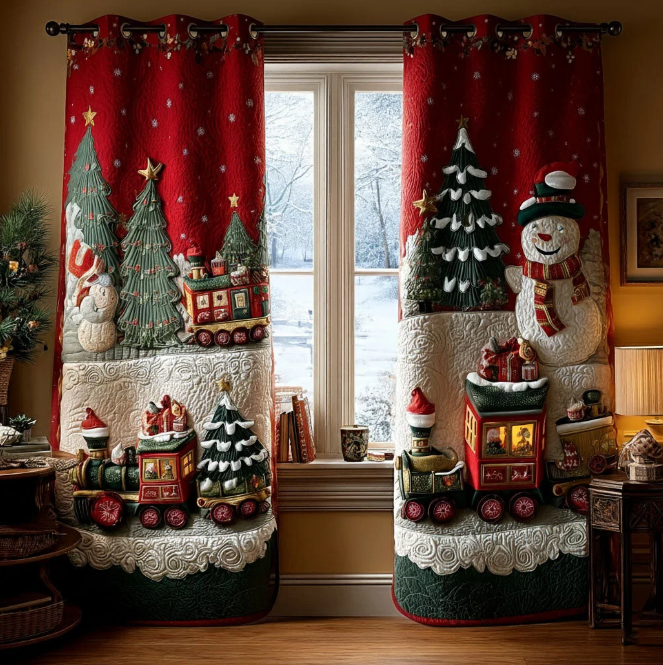 Christmas Snowman Train Quilted Curtains (2 Panels)