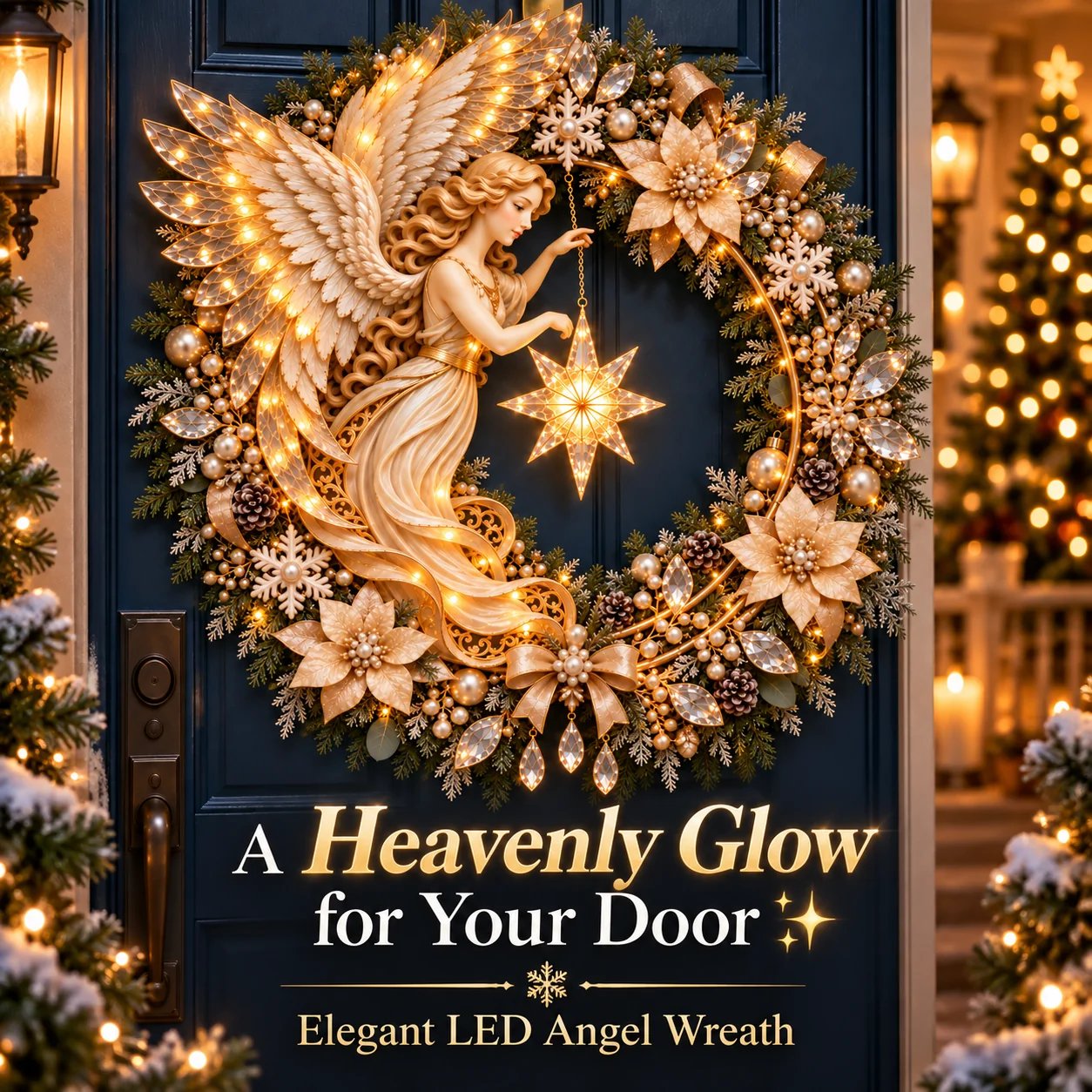 Elegant lighted angel Christmas wreath displayed on a front door
