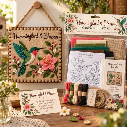 Hummingbird and Blossom kit with green bird and pink flower