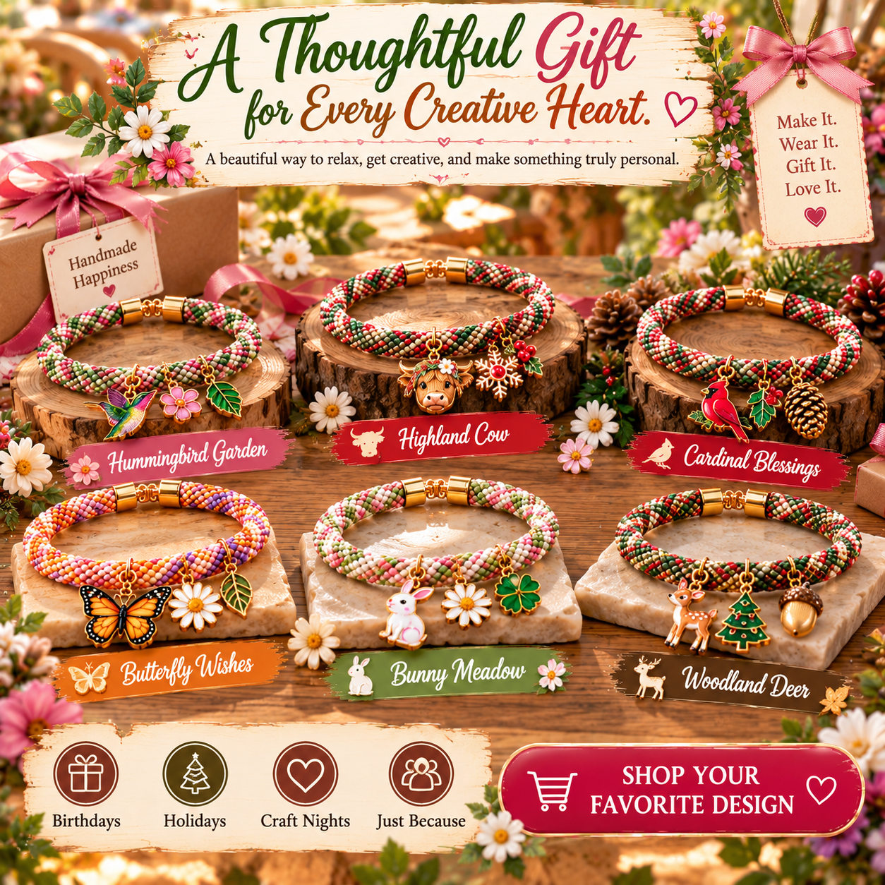 Six finished woodland and garden handmade bracelets displayed as gifts