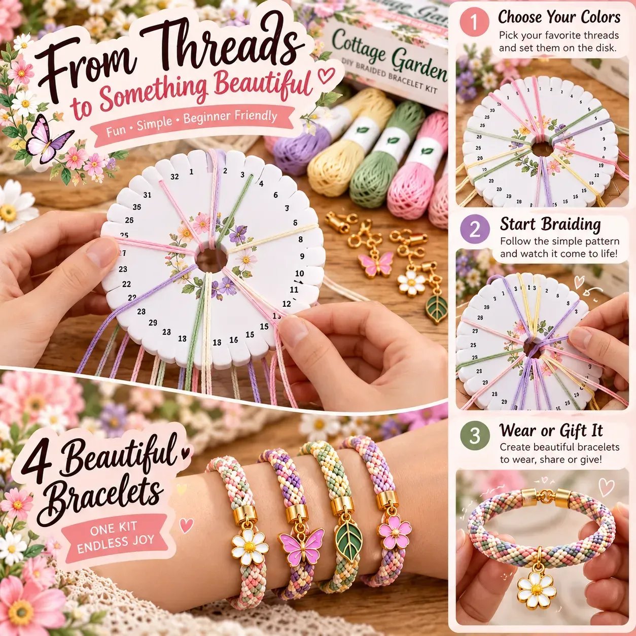 ✨Beginners Friendily🌸Cottage Garden Kumihimo Bracelet Making Kit – DIY Braided Friendship Bracelets & Creative Gift Set