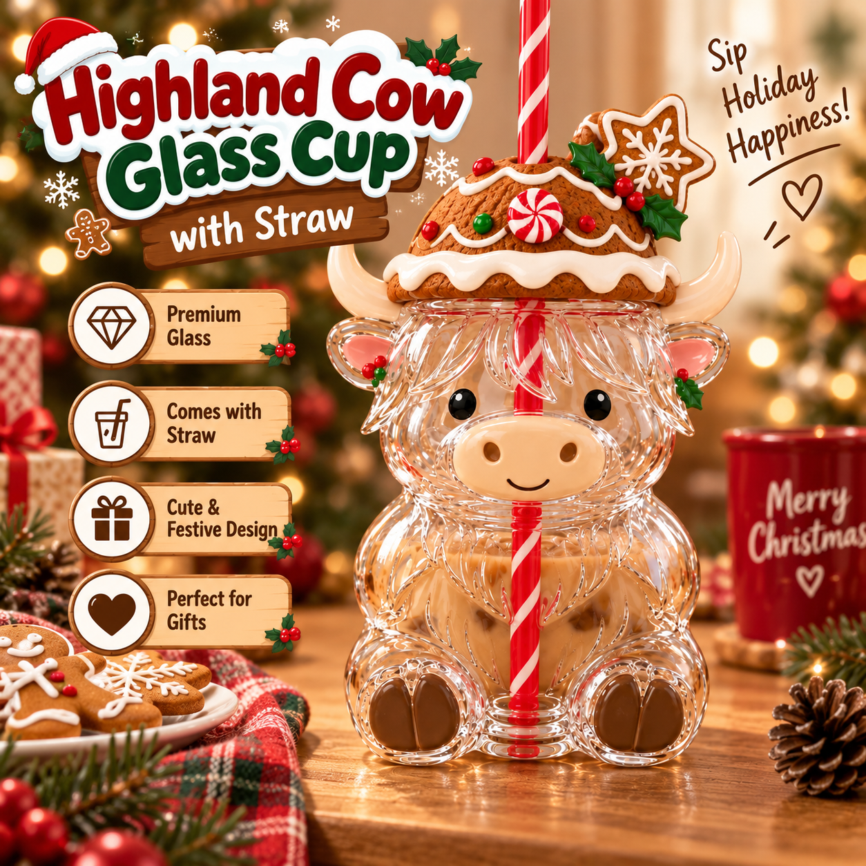 ❤️ Highland Cow Christmas Glass Cup with Straw – Cute Holiday Tumbler Gift