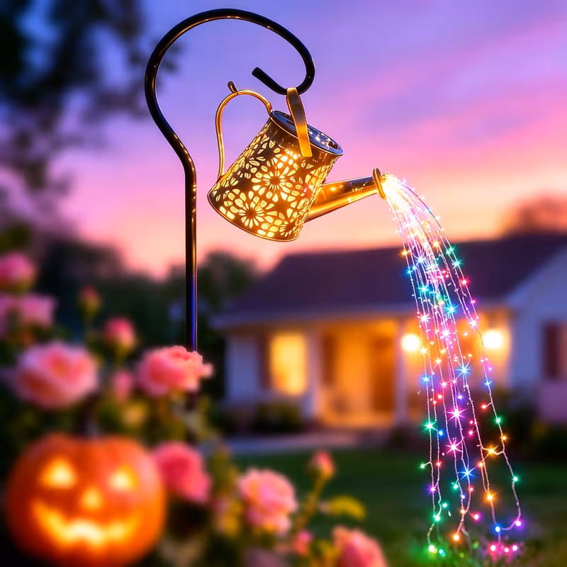 Halloween Decorations Solar Lights - String Lights with Cone-Shaped Solar Watering Can Lamps 