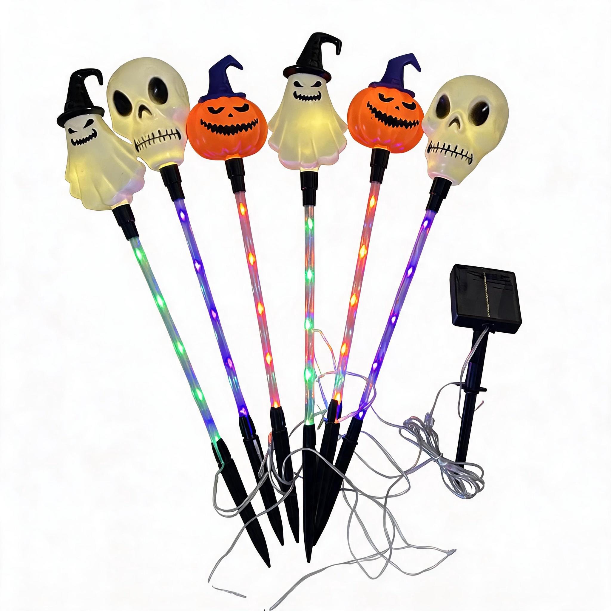 Halloween Solar Path Lights Set (6-Piece) - Outdoor Ghost Faces, Skeleton, Pumpkin Spooky Shapes with Plastic Frame, 8 Lighting Modes, IP65 Waterproof for Lawn, Sidewalk Home & Halloween Decorations