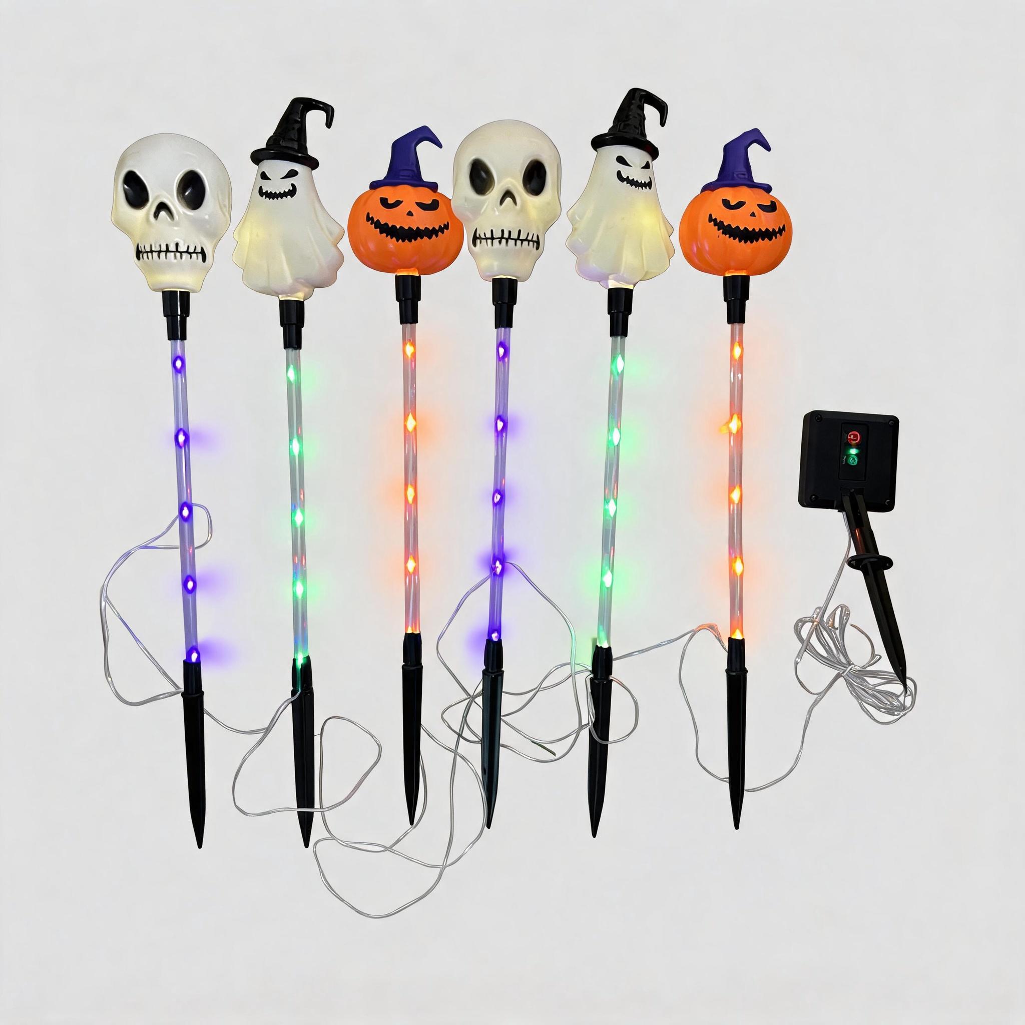 Halloween Solar Path Lights Set (6-Piece) - Outdoor Ghost Faces, Skeleton, Pumpkin Spooky Shapes with Plastic Frame, 8 Lighting Modes, IP65 Waterproof for Lawn, Sidewalk Home & Halloween Decorations